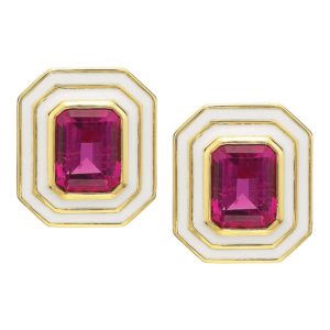 Museum Pink Tourmaline Earrings with White Enamel