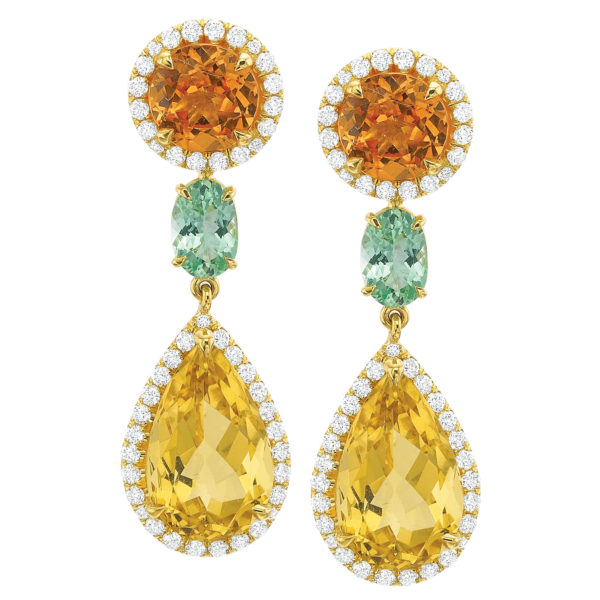 Mandarin Garnet Diamond Earrings with Yellow & Green Beryl