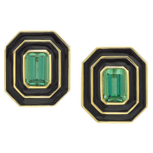 Museum Green Tourmaline and Black Enamel Earrings