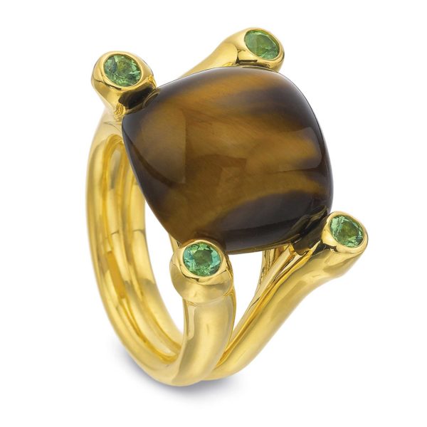 Tiger-Eye Chalcedony with Green Tourmaline Ring